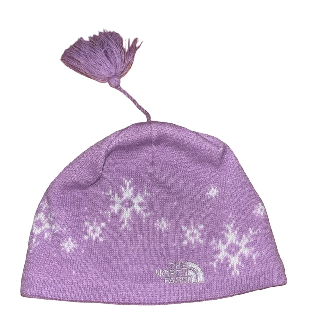 The North Face Purple Snowflake Fleece Lined Tassel Beanie Hat Girls